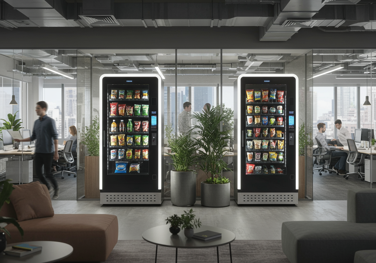 Two Eat n Go vending machines stocked with snacks in a modern office break room